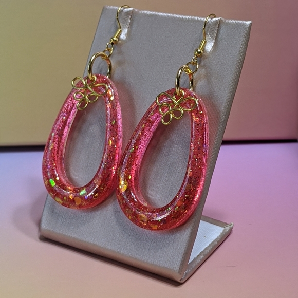 Black and Pink Sparkles Resin dangles earrings on sterling silver posts